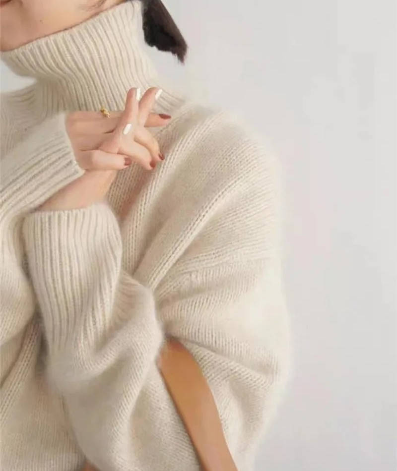 Pull Col Roulé en Cachemire pour Femmes Doux Confortable Coupe Relaxée Chaud Décontracté Élégant Hiver – Beige