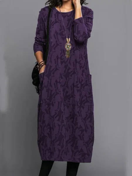 Robe Midi à Manches Longues pour Femmes avec Poches Imprimé d'Été Décontracté Confortable Ajustement Relaxé