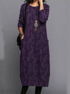 Robe Midi à Manches Longues pour Femmes avec Poches Imprimé d'Été Décontracté Confortable Ajustement Relaxé