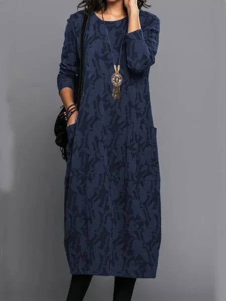Robe Midi à Manches Longues pour Femmes avec Poches Imprimé d'Été Décontracté Confortable Ajustement Relaxé