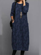Robe Midi à Manches Longues pour Femmes avec Poches Imprimé d'Été Décontracté Confortable Ajustement Relaxé