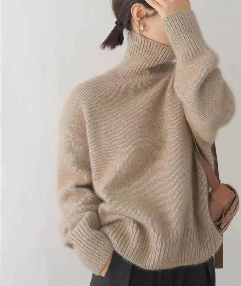 Pull Col Roulé en Cachemire pour Femmes Doux Confortable Coupe Relaxée Chaud Décontracté Élégant Hiver – Beige