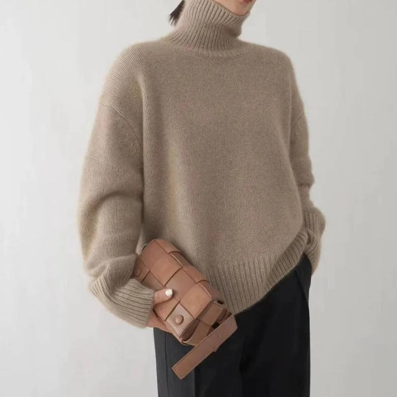 Pull Col Roulé en Cachemire pour Femmes Doux Confortable Coupe Relaxée Chaud Décontracté Élégant Hiver – Beige