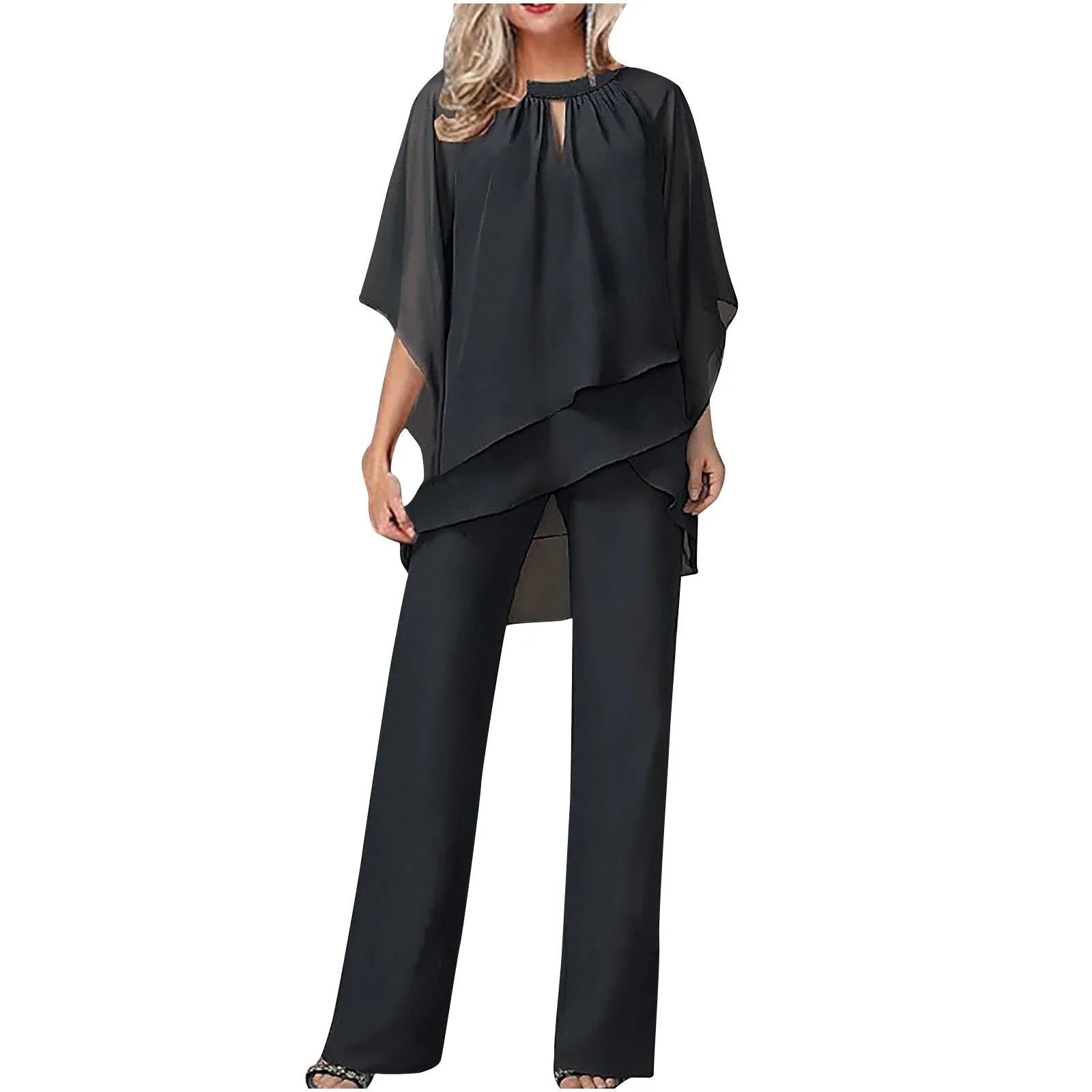 Pantaloni in chiffon festivi formali da donna, completo elegante con pantaloni a gamba larga e top fluido per eventi