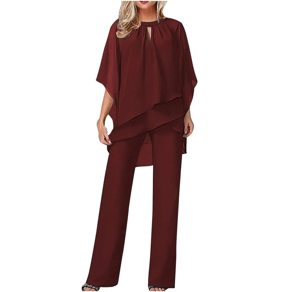 Pantaloni in chiffon festivi formali da donna, completo elegante con pantaloni a gamba larga e top fluido per eventi