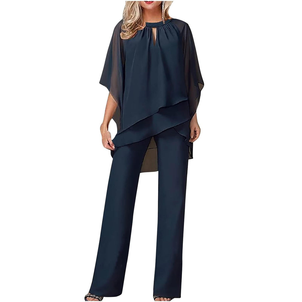 Pantaloni in chiffon festivi formali da donna, completo elegante con pantaloni a gamba larga e top fluido per eventi