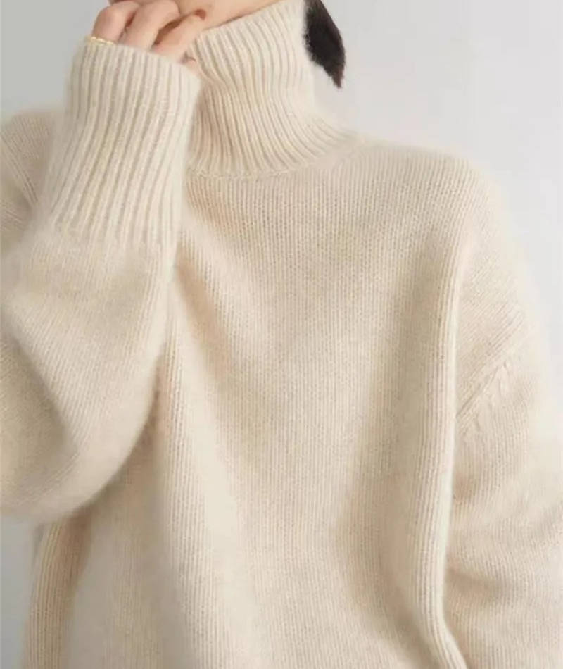 Pull Col Roulé en Cachemire pour Femmes Doux Confortable Coupe Relaxée Chaud Décontracté Élégant Hiver – Beige