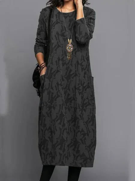 Robe Midi à Manches Longues pour Femmes avec Poches Imprimé d'Été Décontracté Confortable Ajustement Relaxé