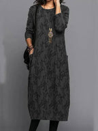 Robe Midi à Manches Longues pour Femmes avec Poches Imprimé d'Été Décontracté Confortable Ajustement Relaxé