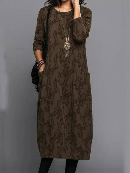 Robe Midi à Manches Longues pour Femmes avec Poches Imprimé d'Été Décontracté Confortable Ajustement Relaxé