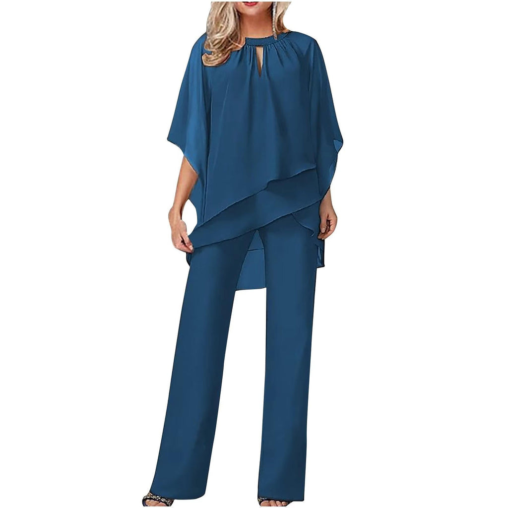 Pantaloni in chiffon festivi formali da donna, completo elegante con pantaloni a gamba larga e top fluido per eventi