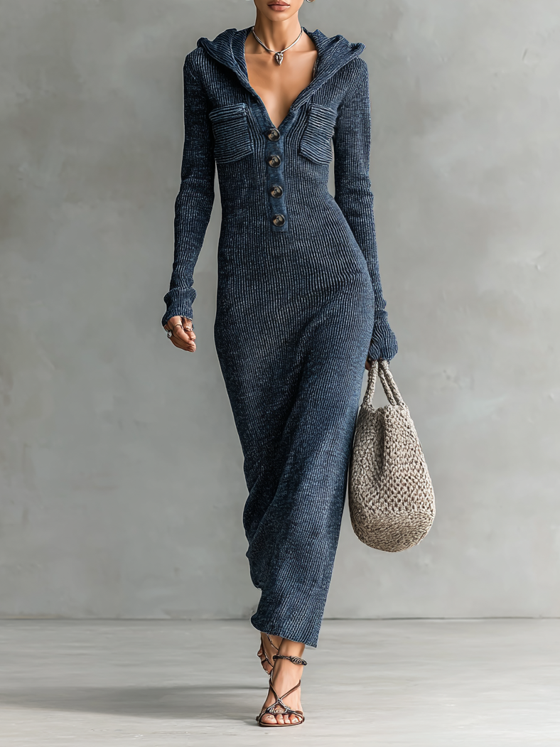 Robe Longue Casual Tricotée à Capuche Slim-Fit pour Femmes à Manches Longues – Marine