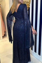 Robe Longue à Manches Longues en Sequins pour Femmes, Décolleté en V, A-Line, Formelle, Prom, Gala, Invité de Mariage, Soirée, Tapis Rouge – Seraphina