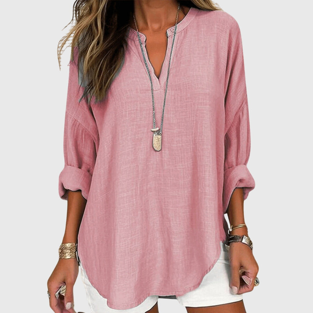 Chemise de Plage Élégante et Fluide pour Femmes à Col en V à Manches Longues, Coupe Décontractée, Casual Été – Lenara