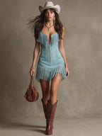 Robe Mini Sans Manches en Suédé Synthétique à Franges Style Western Rétro pour Femmes – Bleu Clair