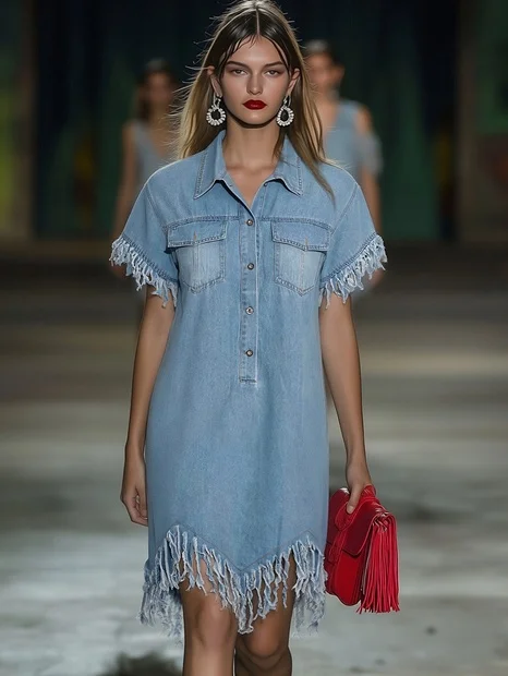 Robe Mini Chemise en Jean Vintage pour Femmes à Manches Courtes avec Franges à Franges, Décontractée, d'Été, Quotidienne, de Plage – Bleu Clair, Coupe Lâche