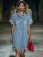 Robe Mini Chemise en Jean Vintage pour Femmes à Manches Courtes avec Franges à Franges, Décontractée, d'Été, Quotidienne, de Plage – Bleu Clair, Coupe Lâche