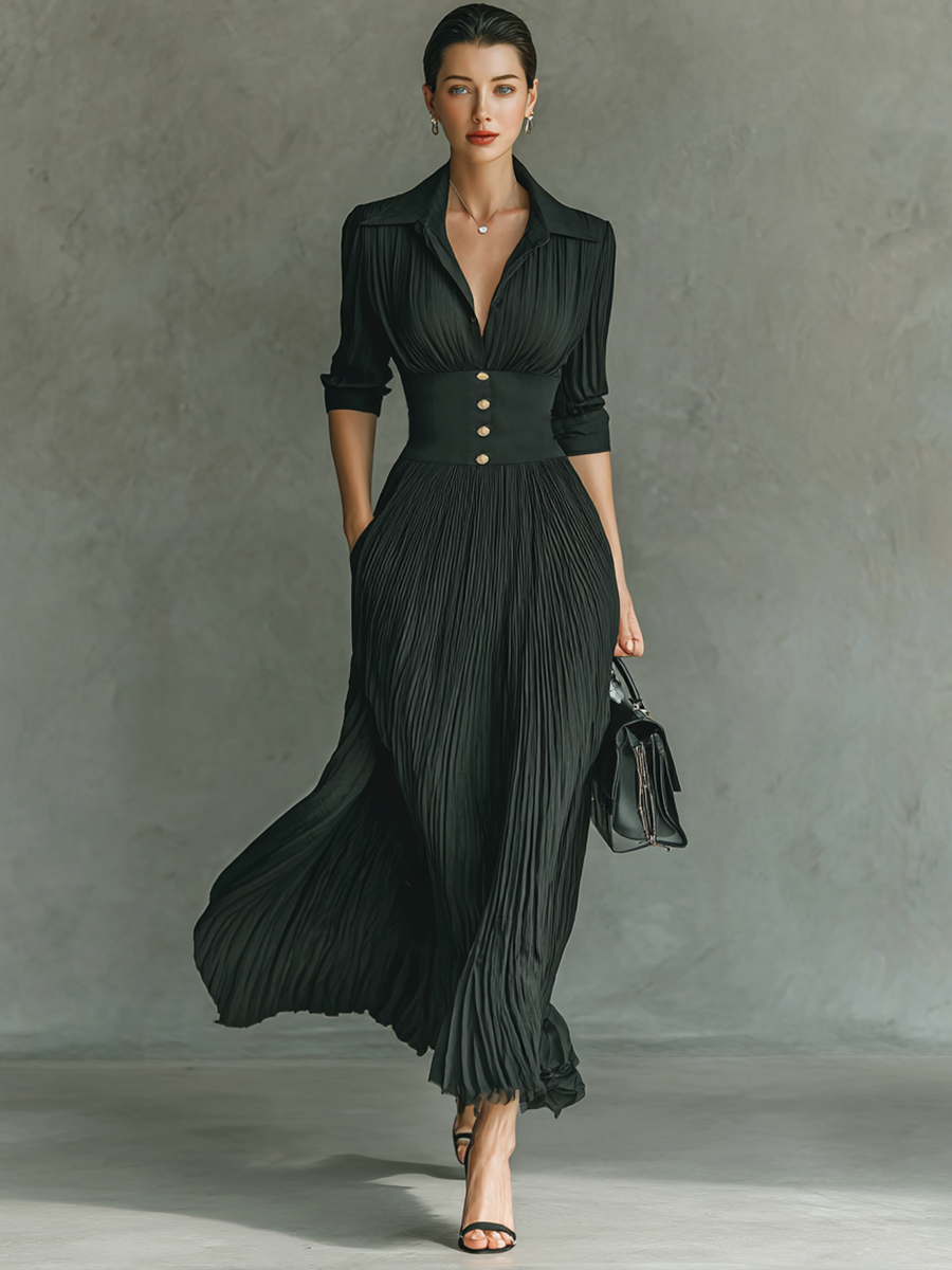 Robe Maxi Plissée Unie pour Femme avec Ceinture à Col Revers à Manches Longues Élégante et Décontractée – Noir