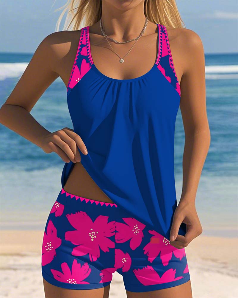 Ensemble Tankini Floral à Encolure U Sans Manches avec Short Boxer pour Femmes – Paradiso