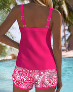 Ensemble Tankini Imprimé Sans Manches Dos Nu Femme en Deux Pièces Col Ronde Plissé Maillot de Bain Plage Piscine Vacances Resort Été – Fuchsia