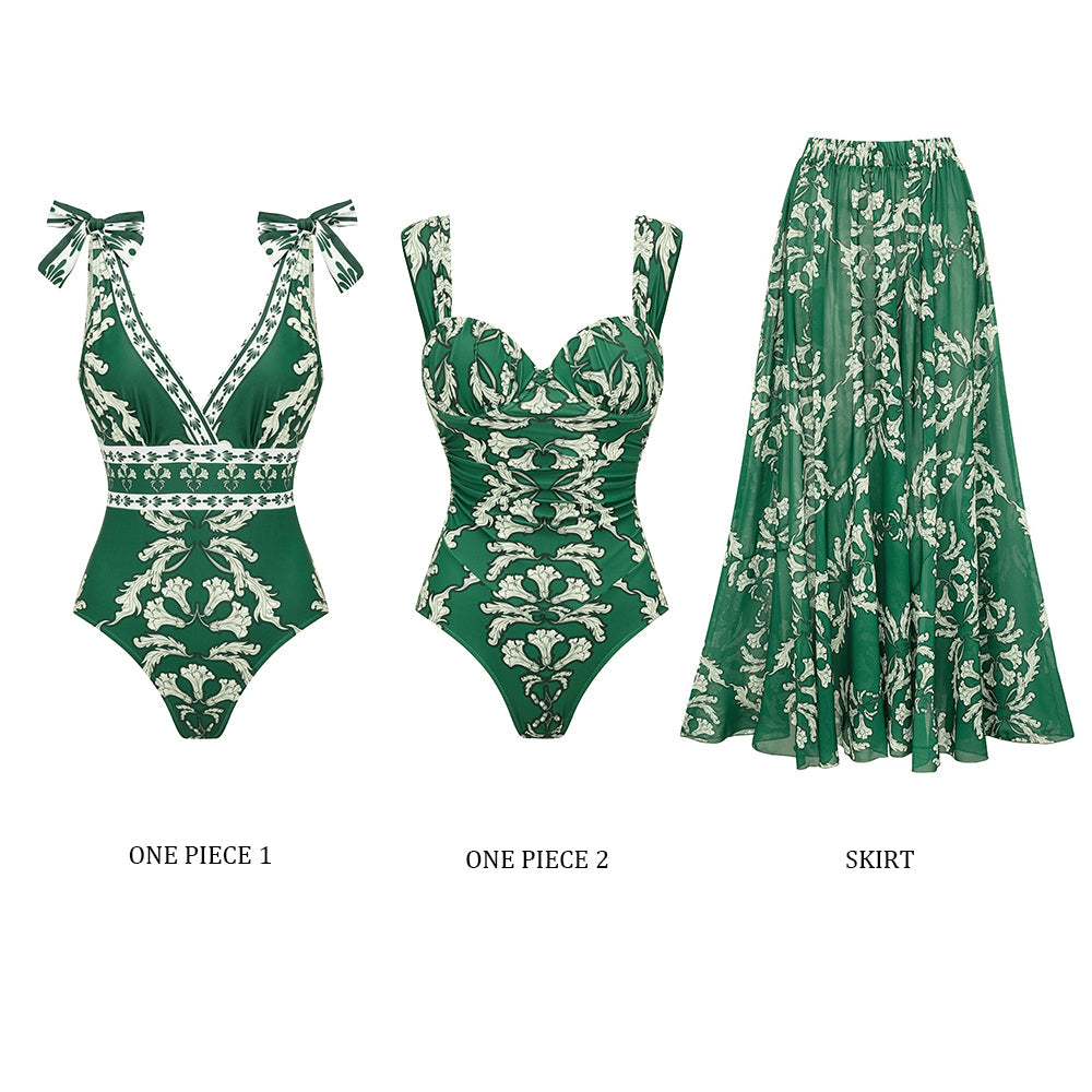 Ensemble Maillot de Bain Une Pièce Col V Lacets Imprimé Floral Vert Jupe Longue Resort Plage Soirée Lune de Miel Vacances – Émeraude