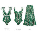 Ensemble Maillot de Bain Une Pièce Col V Lacets Imprimé Floral Vert Jupe Longue Resort Plage Soirée Lune de Miel Vacances – Émeraude