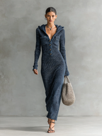 Robe Longue Casual Tricotée à Capuche Slim-Fit pour Femmes à Manches Longues – Marine