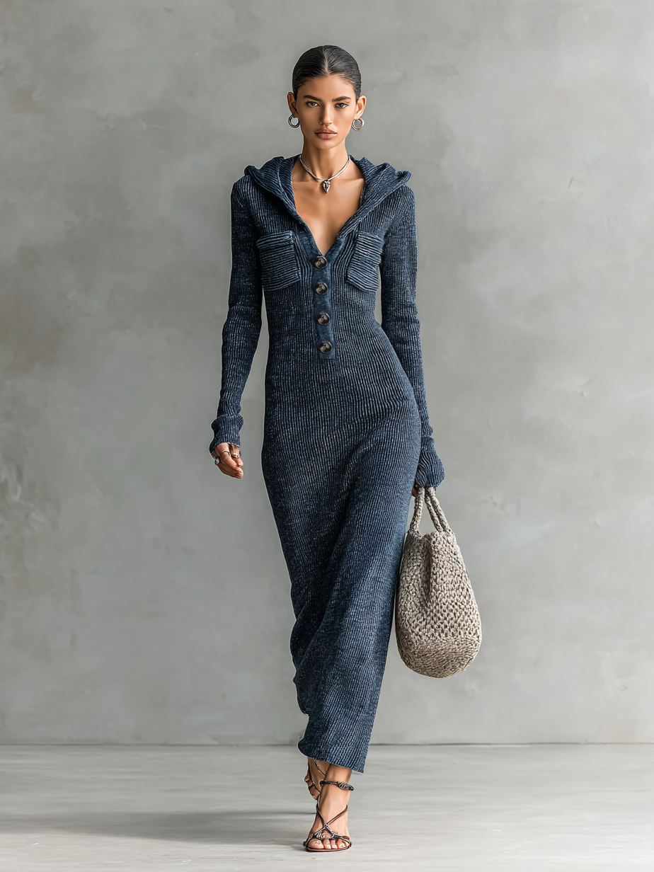 Robe Longue Casual Tricotée à Capuche Slim-Fit pour Femmes à Manches Longues – Marine