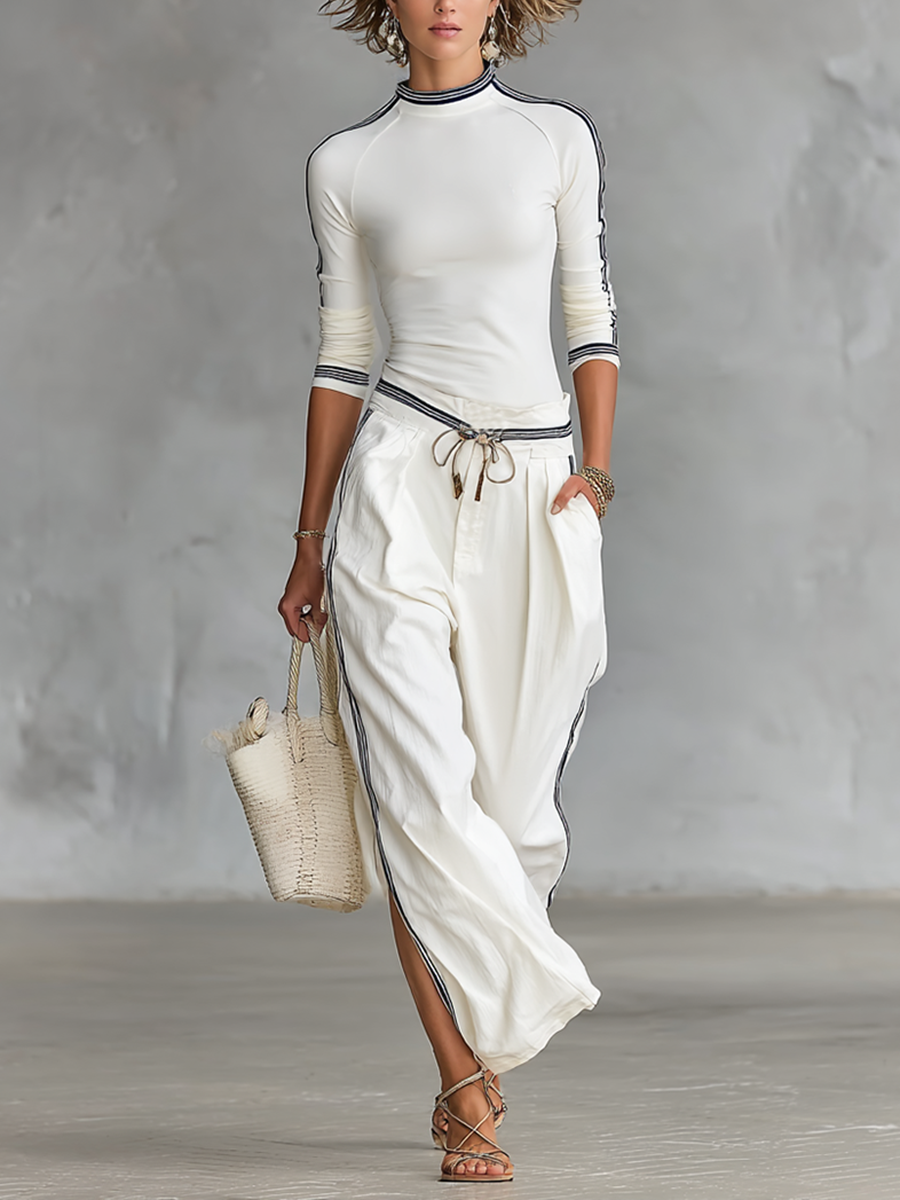 Ensemble de Sport Femme Deux-Pièces Haut à Col Montant Mi-Haut à Manches Longues Pantalon Large à Cordons Décontracté – Blanc