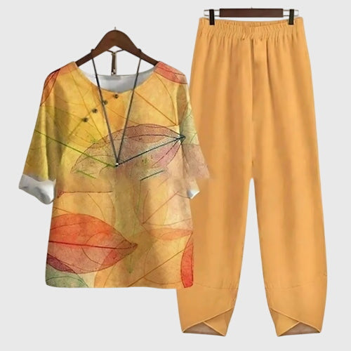 Lässiges Damen-Set aus zwei Teilen mit Print, kurzärmeligem Oberteil und weiten, bequemen Hosen für den Alltag – Alessia