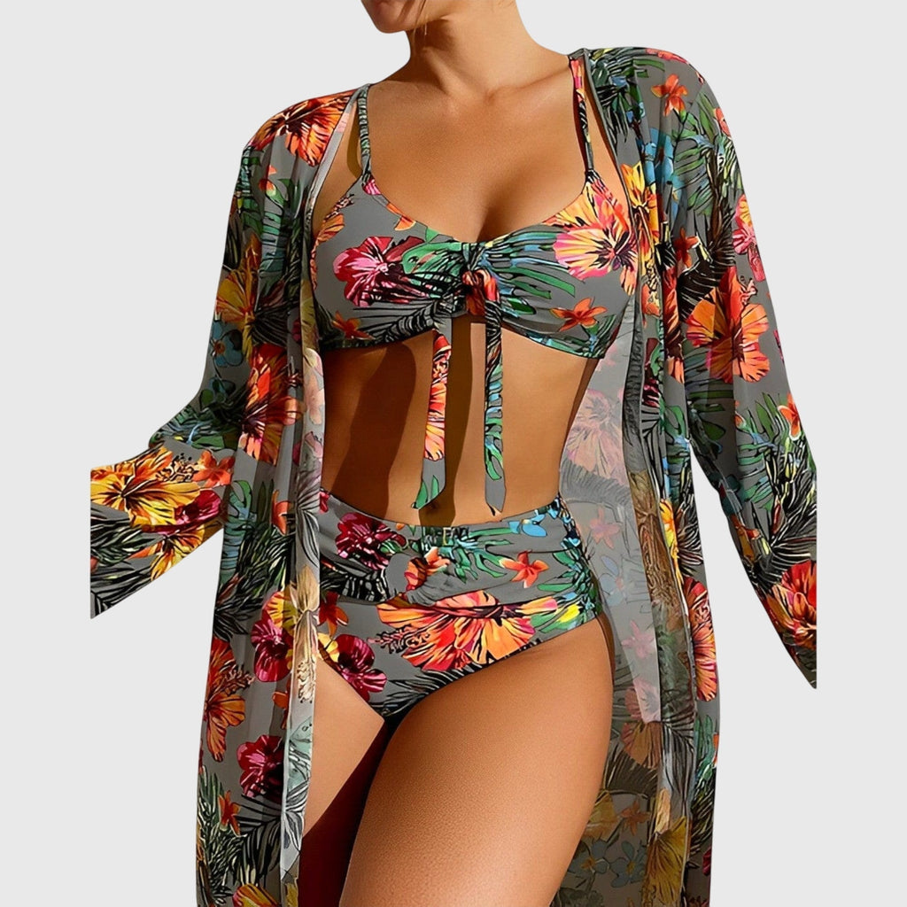 Ensemble Bikini 3 Pièces à Imprimé Tropical Femme Haut Noué Bas Taille Haute Kimono Plage - Hiverline