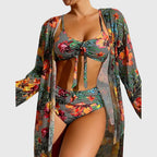 Ensemble Bikini 3 Pièces à Imprimé Tropical Femme Haut Noué Bas Taille Haute Kimono Plage - Hiverline