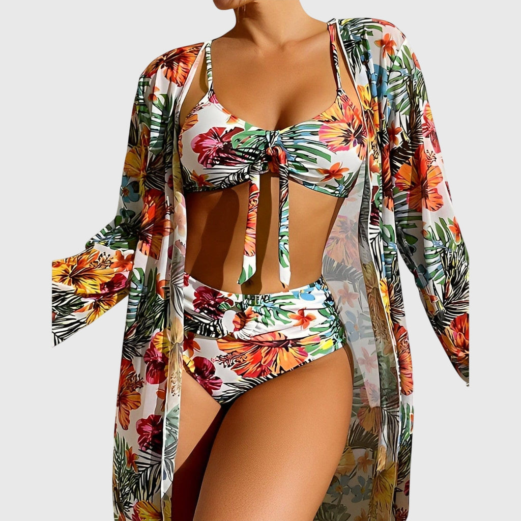 Ensemble Bikini 3 Pièces à Imprimé Tropical Femme Haut Noué Bas Taille Haute Kimono Plage - Hiverline