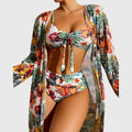 Ensemble Bikini 3 Pièces à Imprimé Tropical Femme Haut Noué Bas Taille Haute Kimono Plage - Hiverline