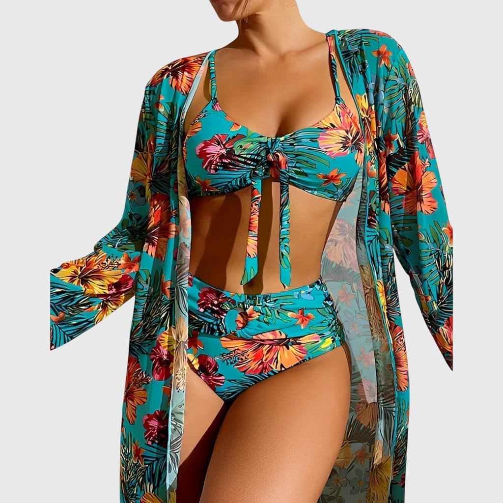 Ensemble Bikini 3 Pièces à Imprimé Tropical Femme Haut Noué Bas Taille Haute Kimono Plage - Hiverline
