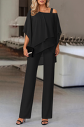 Ensemble Deux Pièces Femme Haut Cape & Pantalon Large Soirée Mariage Cocktail Épaules Dénudées - Hiverline