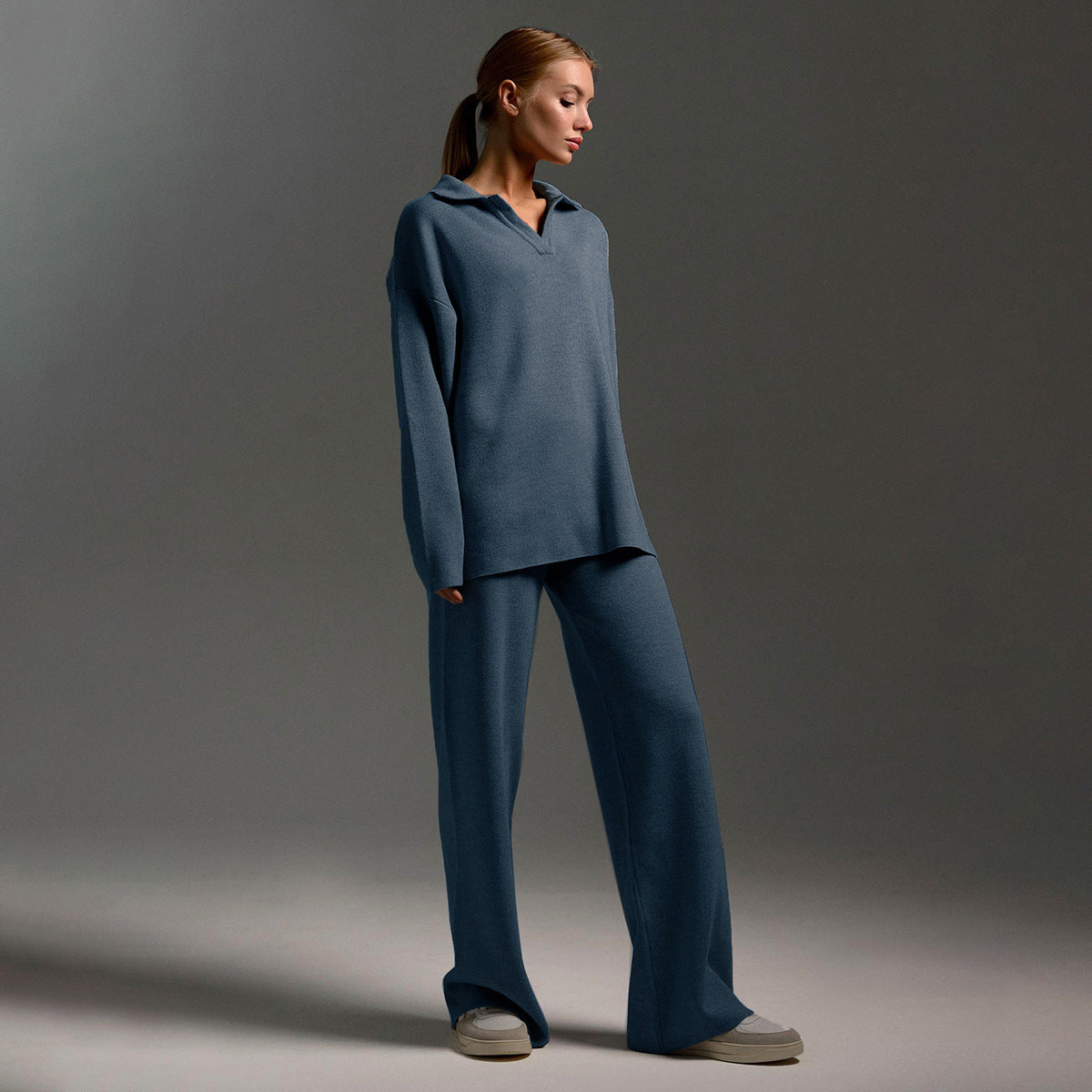 Ensemble Femme Pull Col Polo Oversize et Pantalon Large Tricot - Hiverline