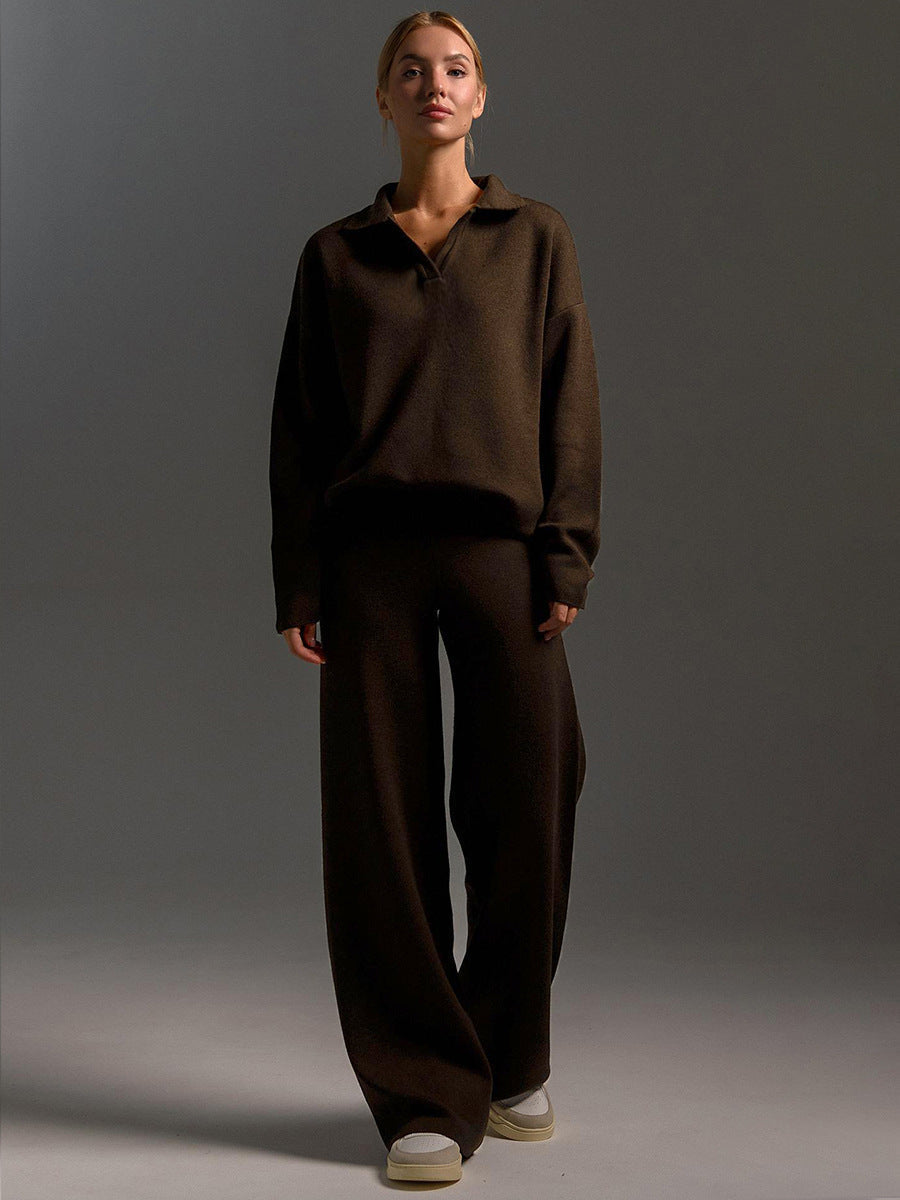 Ensemble Femme Pull Col Polo Oversize et Pantalon Large Tricot - Hiverline