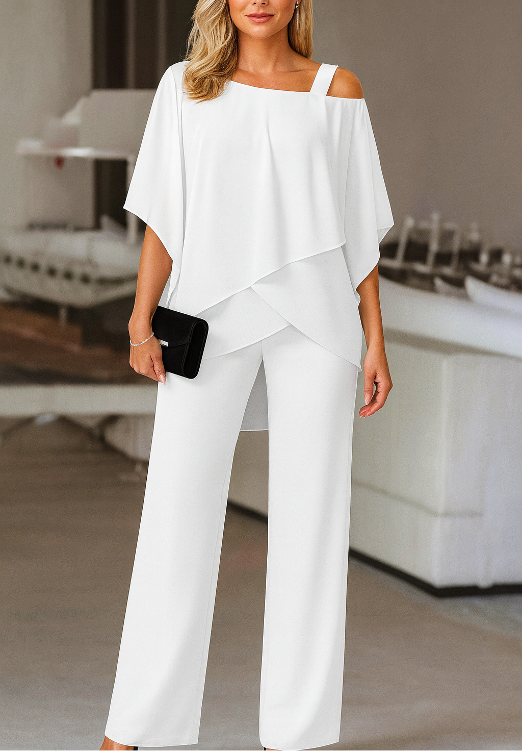 Ensemble Pantalon Soirée Femme | Haut Cape Épaules Dénudées Cocktail Formel - Hiverline