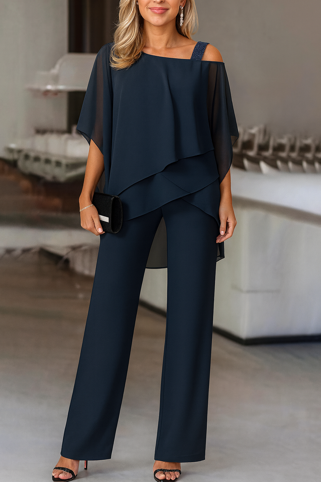 Ensemble Pantalon Soirée Femme | Haut Cape Épaules Dénudées Cocktail Formel - Hiverline