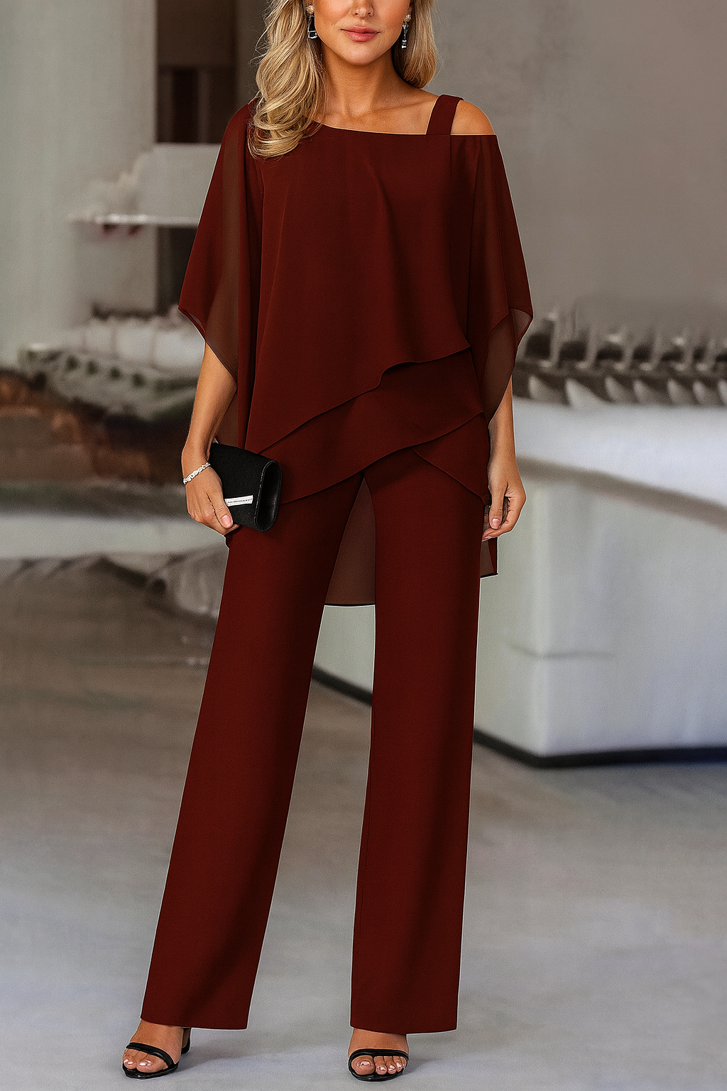 Ensemble Pantalon Soirée Femme | Haut Cape Épaules Dénudées Cocktail Formel - Hiverline