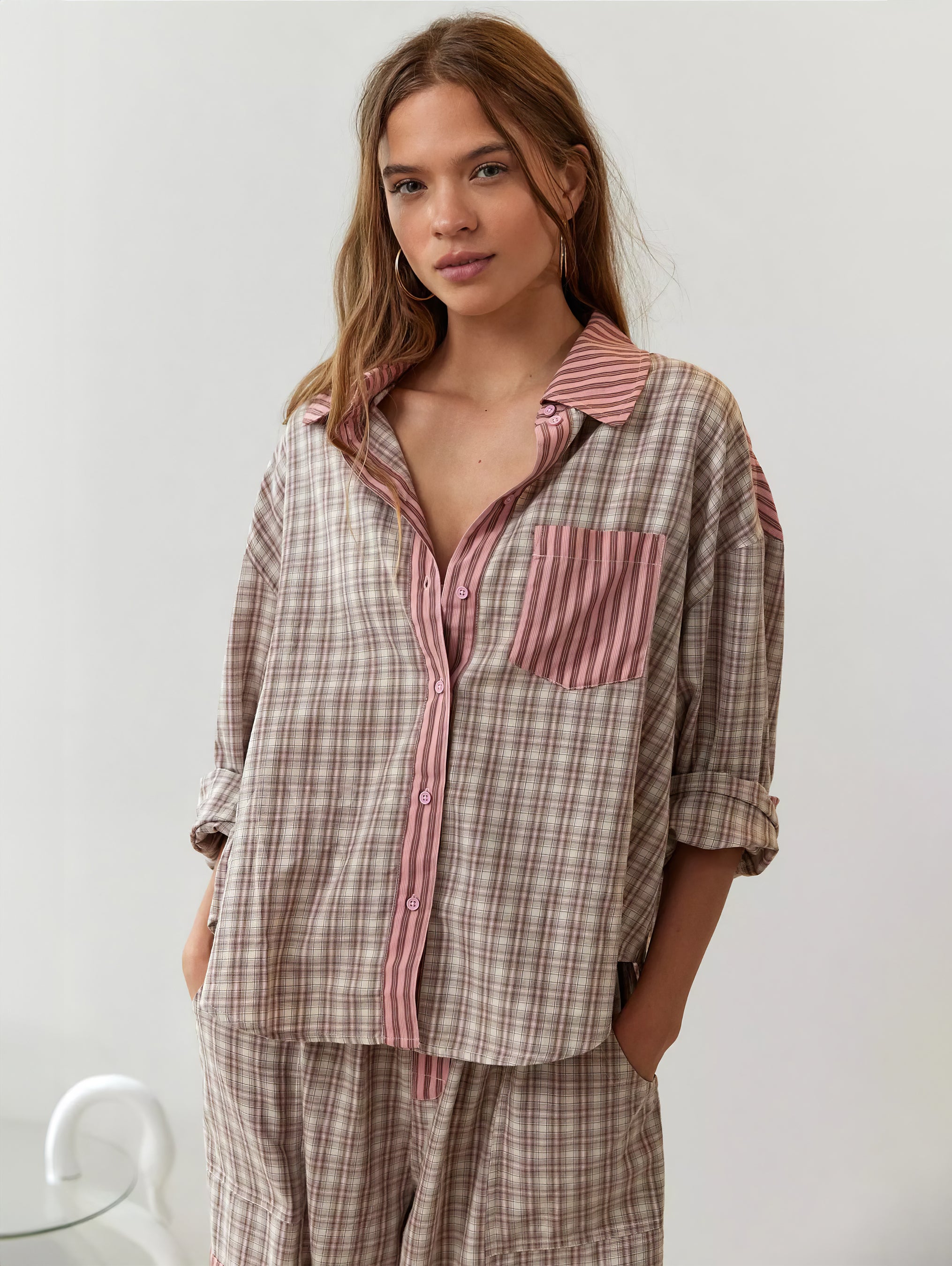 Ensemble Pyjama Femme Chemise Manches Longues Pantalon Large Loungewear Détente - Hiverline