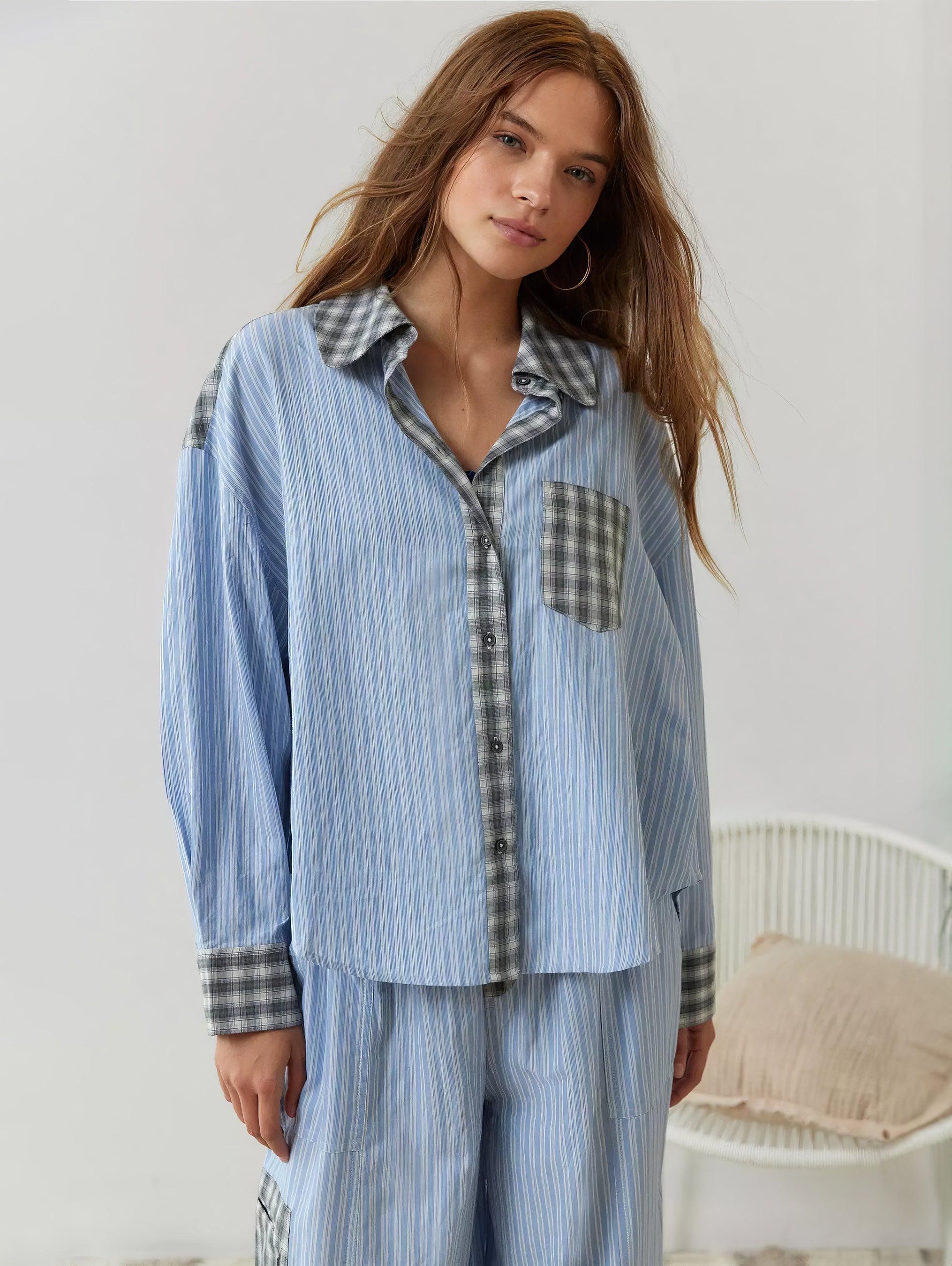 Ensemble Pyjama Femme Chemise Manches Longues Pantalon Large Loungewear Détente - Hiverline