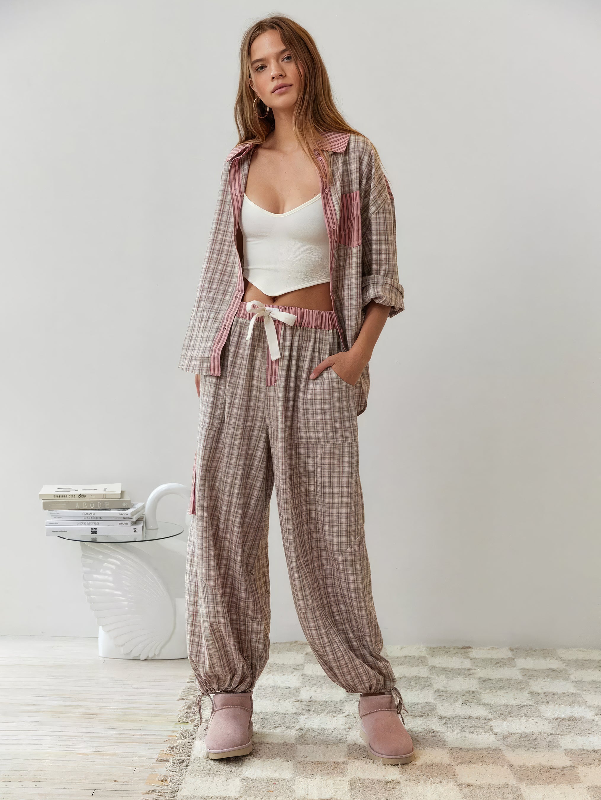 Ensemble Pyjama Femme Chemise Manches Longues Pantalon Large Loungewear Détente - Hiverline