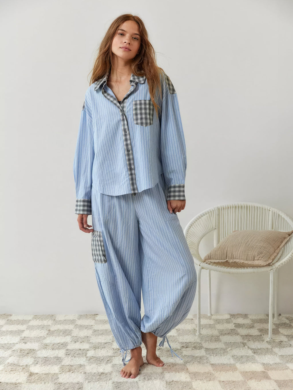 Ensemble Pyjama Femme Chemise Manches Longues Pantalon Large Loungewear Détente - Hiverline