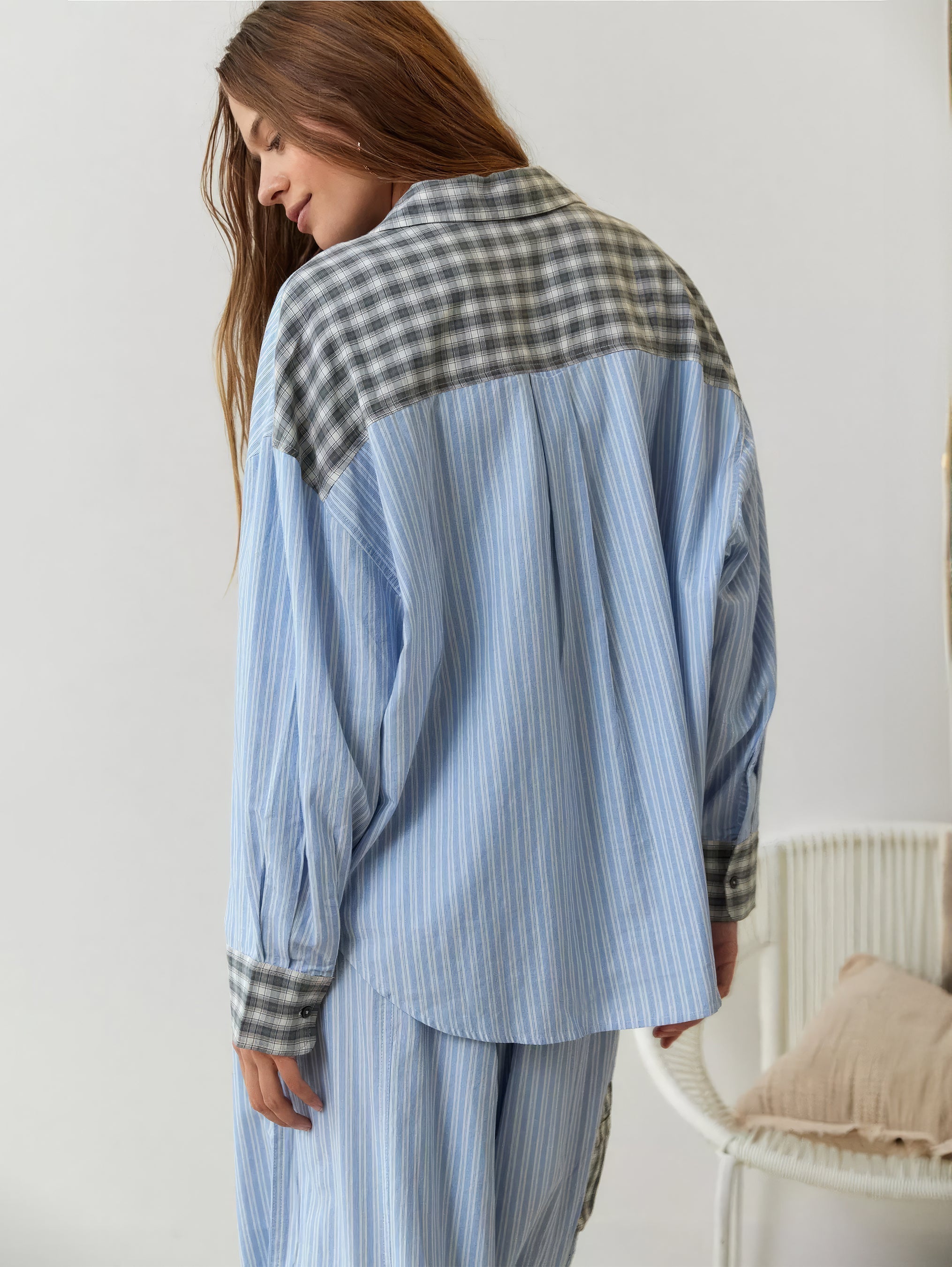 Ensemble Pyjama Femme Chemise Manches Longues Pantalon Large Loungewear Détente - Hiverline