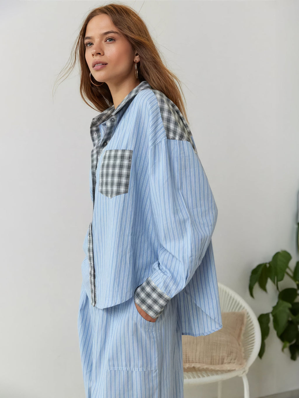 Ensemble Pyjama Femme Chemise Manches Longues Pantalon Large Loungewear Détente - Hiverline