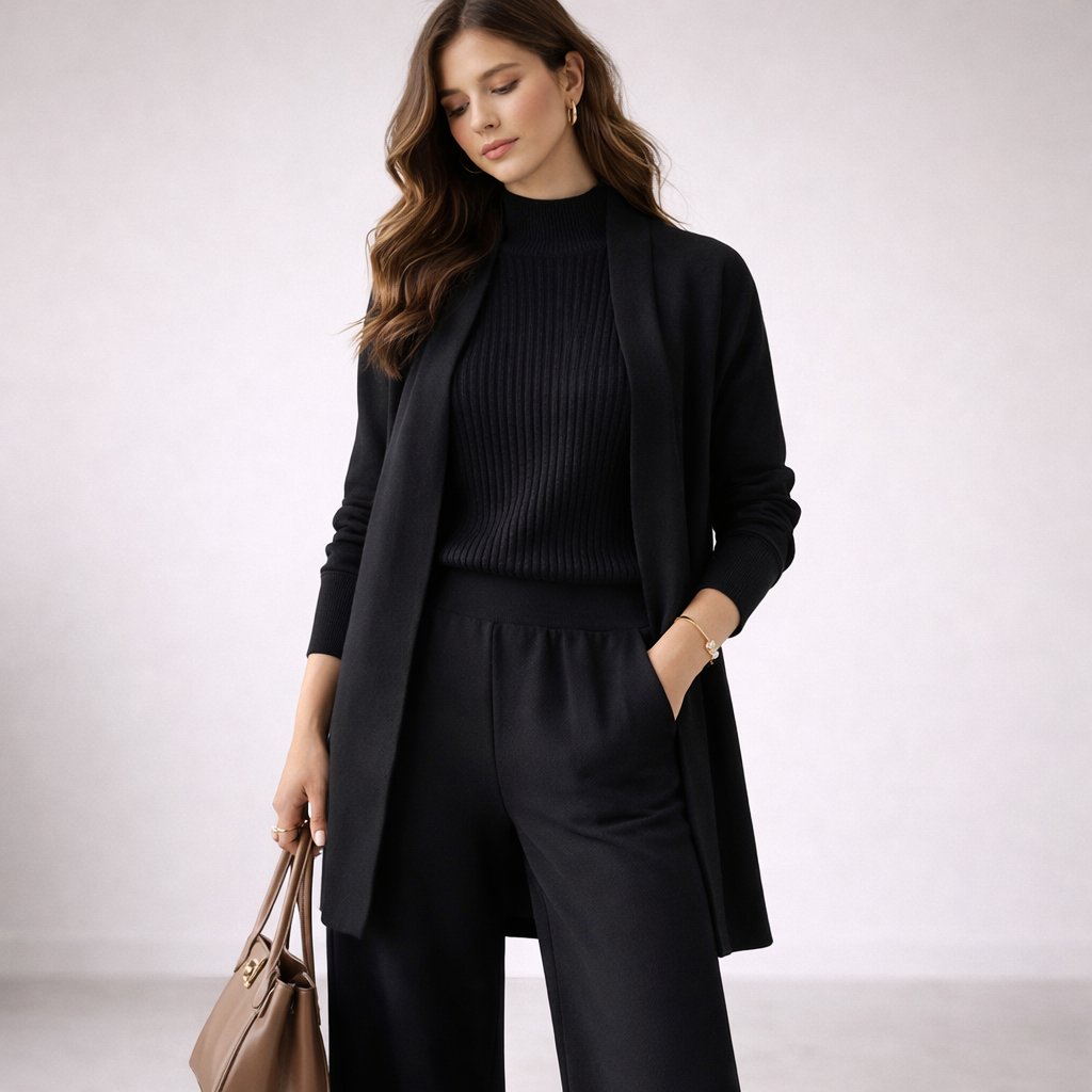 Ensemble Tricoté Femme 3 Pièces Haut Col Montant Pantalon Large Cardigan Long Tenue Casual Bureau - Hiverline