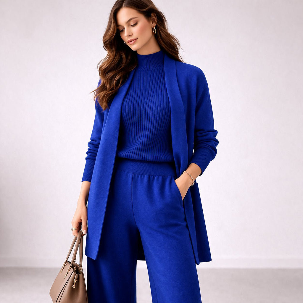 Ensemble Tricoté Femme 3 Pièces Haut Col Montant Pantalon Large Cardigan Long Tenue Casual Bureau - Hiverline