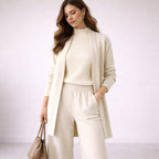 Ensemble Tricoté Femme 3 Pièces Haut Col Montant Pantalon Large Cardigan Long Tenue Casual Bureau - Hiverline